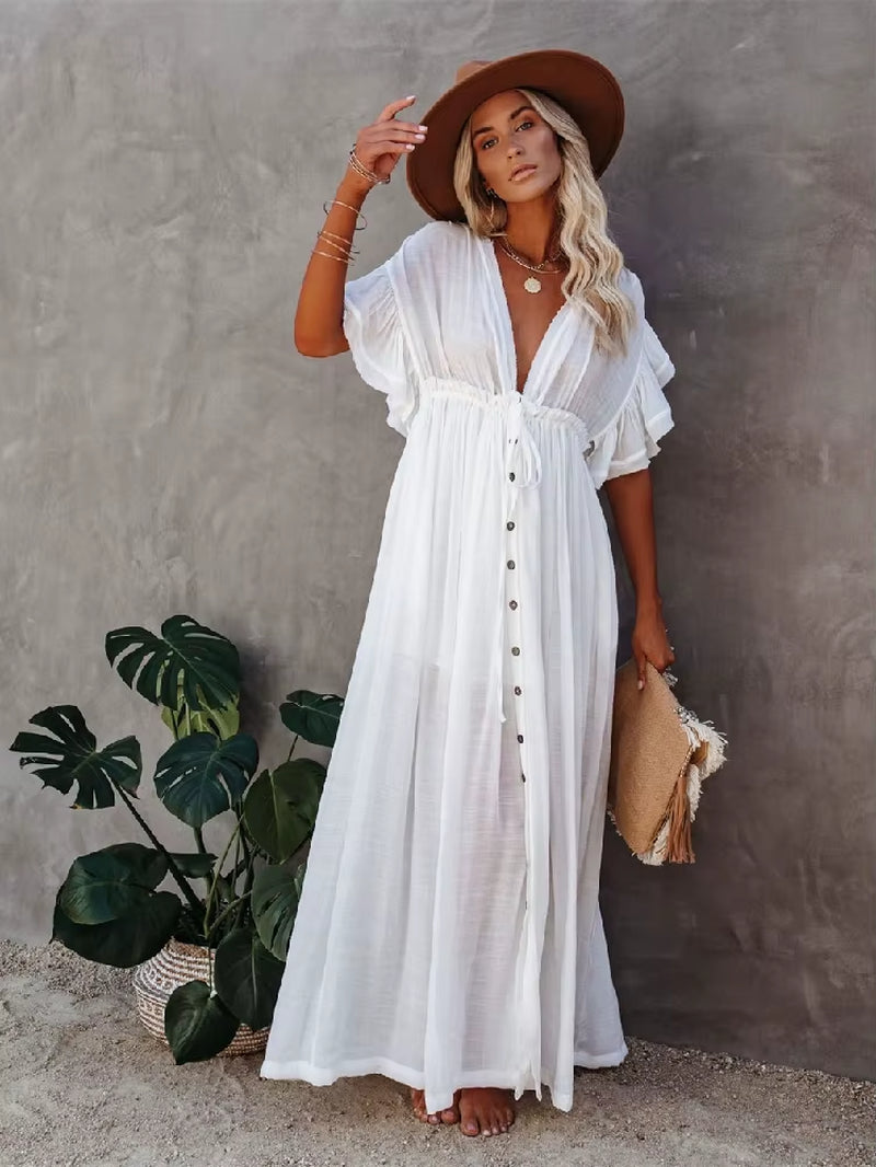 Sexy Bikini Cover-Ups Long White Tunic Casual Summer Beach Dress Elegant Women Clothing Beach Wear Swim Suit Cover up Q1208